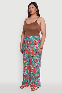 Womens Plus High Waisted Leaf Printed Palazzo Pants, Multi,