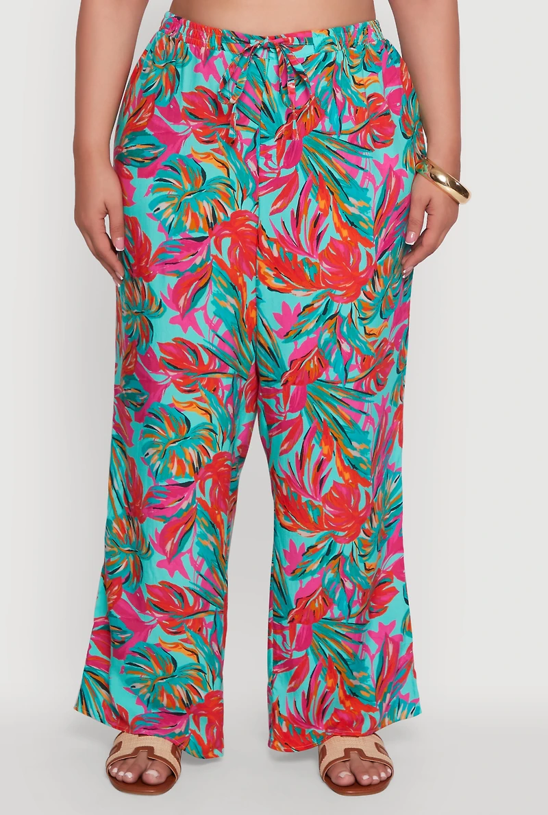 Womens Plus Size High Waisted Leaf Printed Palazzo Pants, Multi, Size 1X