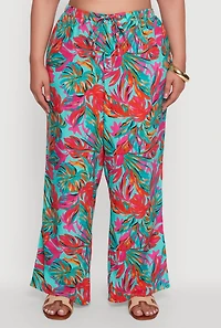 Womens Plus Size High Waisted Leaf Printed Palazzo Pants, Multi, Size 1X