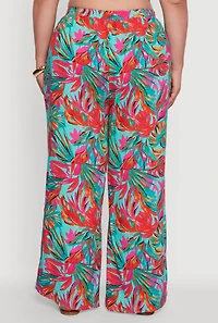 Womens Plus High Waisted Leaf Printed Palazzo Pants, Multi,