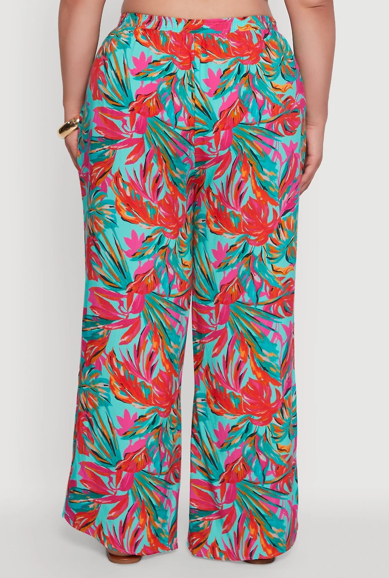 Womens Plus Size High Waisted Leaf Printed Palazzo Pants, Multi, Size 1X
