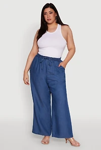 Womens Plus Stylish Chambray High Waisted Pants, Blue,