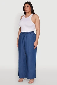 Womens Plus Stylish Chambray High Waisted Pants, Blue,