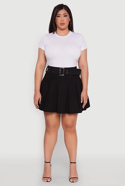 Womens Plus High Waist Mini Pleated Skirt with Belt,