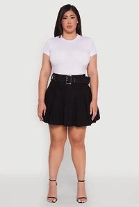 Womens Plus Size High Waist Mini Pleated Skirt with Belt, Black, Size 2X