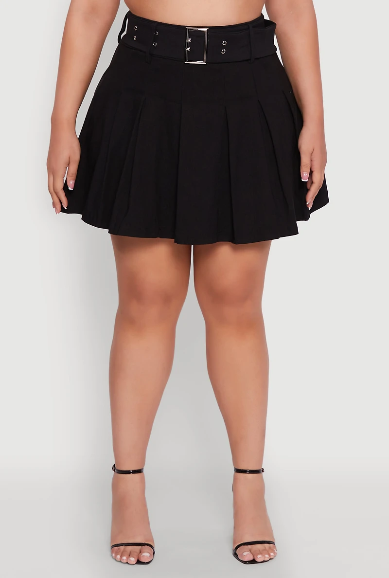 Womens Plus High Waist Mini Pleated Skirt with Belt,
