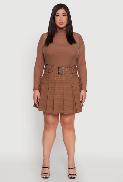 Womens Plus High Waist Mini Pleated Skirt with Belt, 2X