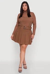 Womens Plus High Waist Mini Pleated Skirt with Belt, 2X
