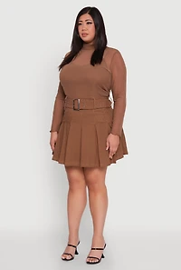 Womens Plus High Waist Mini Pleated Skirt with Belt, 2X