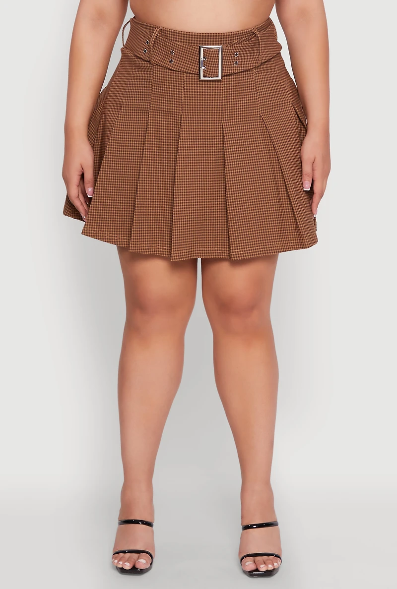 Womens Plus High Waist Mini Pleated Skirt with Belt,