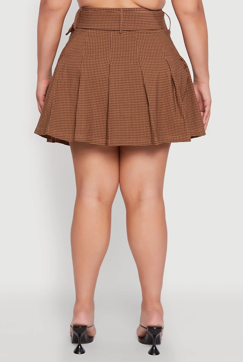 Womens Plus High Waist Mini Pleated Skirt with Belt, 2X