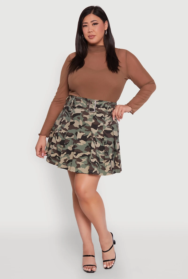 Womens Plus High Waist Mini Pleated Skirt with Belt, Green,