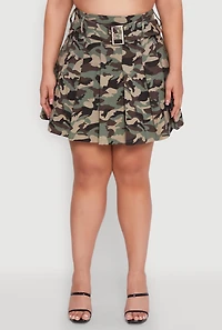 Womens Plus Size High Waist Mini Pleated Skirt with Belt, Green, Size 1X