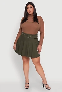 Womens Plus High Waist Mini Pleated Skirt with Belt, Green,