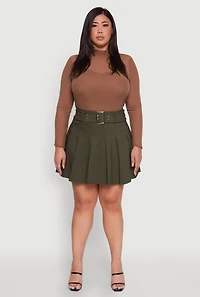 Womens Plus High Waist Mini Pleated Skirt with Belt,