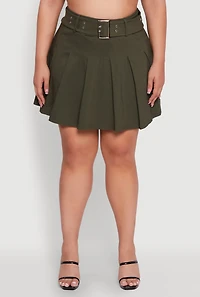 Womens Plus High Waist Mini Pleated Skirt with Belt,