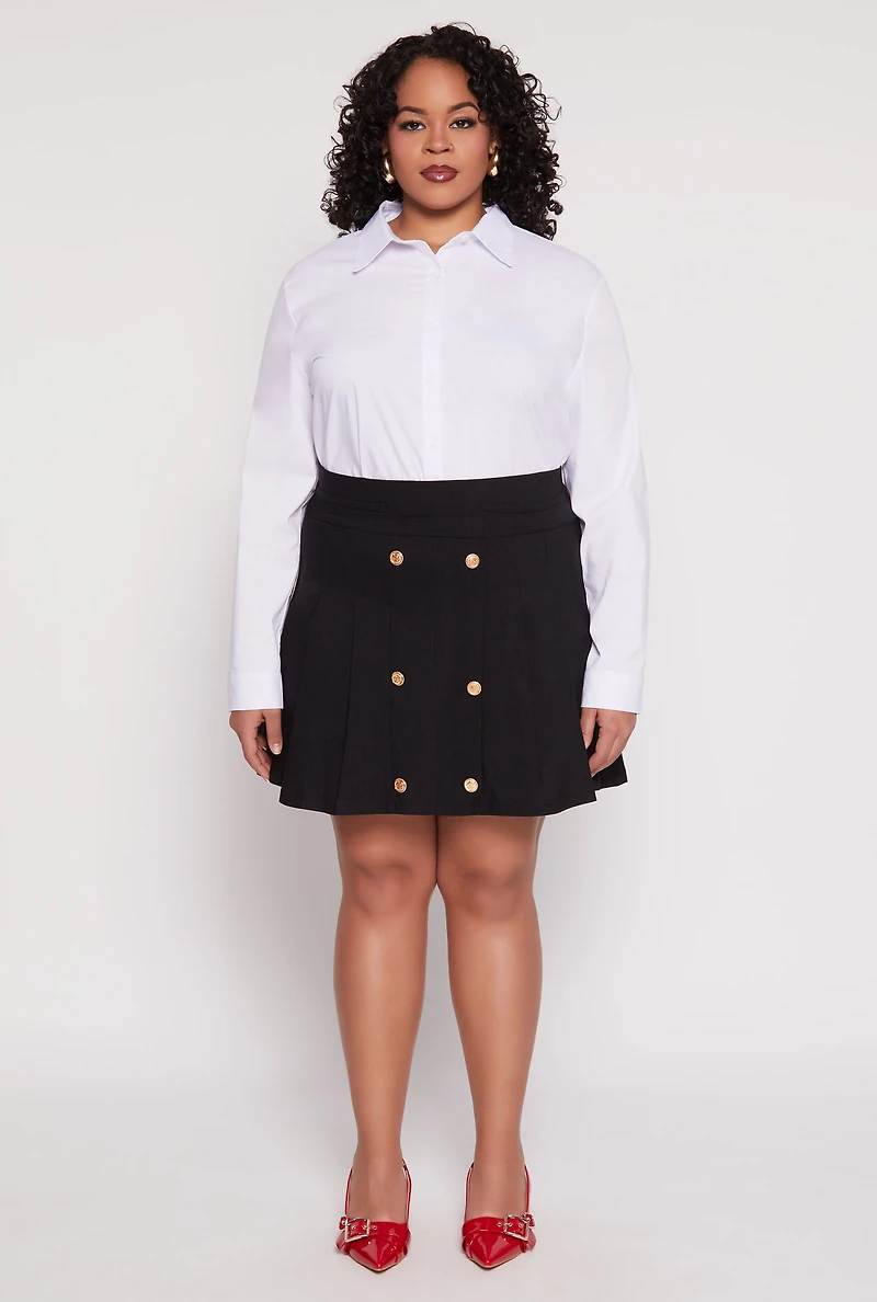 Plus Button Detail Pleated Skirt