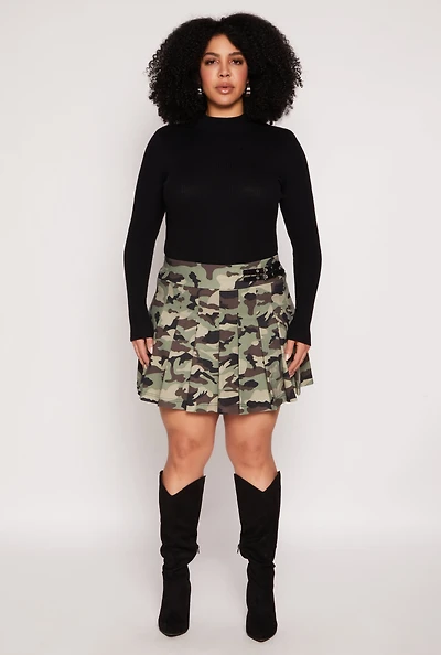 Womens Plus Size Printed Pleated Skirt, Green, Size 1X