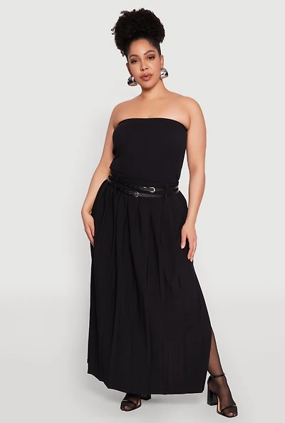 Plus Double Belted Side Slit Pleated Skirt