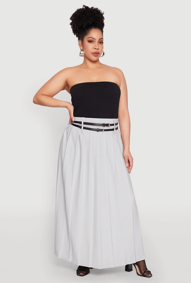 Plus Double Belted Side Slit Pleated Skirt