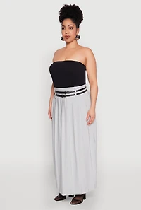 Womens Plus Size Double Belted Side Slit Pleated Skirt, Grey, Size 3X