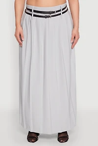 Womens Plus Size Double Belted Side Slit Pleated Skirt, Grey, Size 3X
