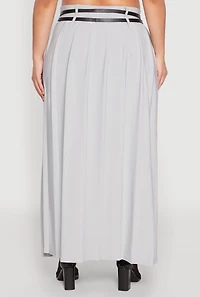 Womens Plus Size Double Belted Side Slit Pleated Skirt, Grey, Size 3X