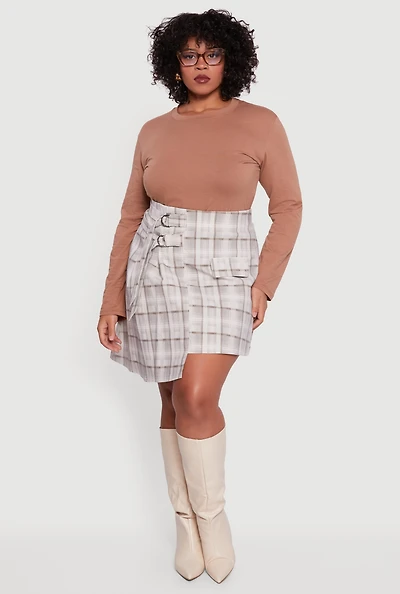 Plus Plaid Double Belted Detail Asymmetrical Skirt