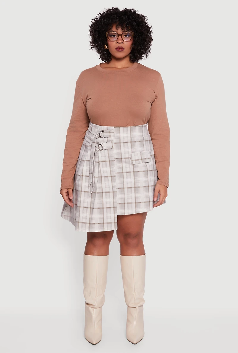 Plus Plaid Double Belted Detail Asymmetrical Skirt