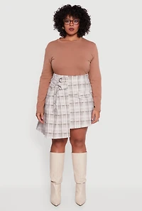 Plus Plaid Double Belted Detail Asymmetrical Skirt