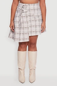 Plus Plaid Double Belted Detail Asymmetrical Skirt