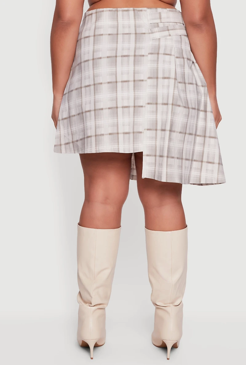 Plus Plaid Double Belted Detail Asymmetrical Skirt