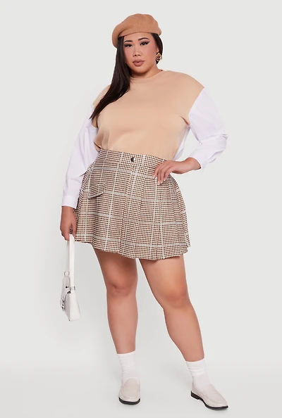 Plus Plaid Pleated Mini Skirt with Faux Pocket