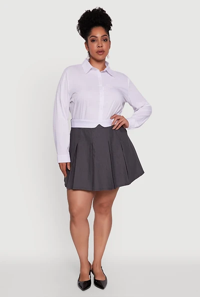 Womens Plus Size Mini Pleated Skirt with Contrast Waistband, Grey, Size 2X