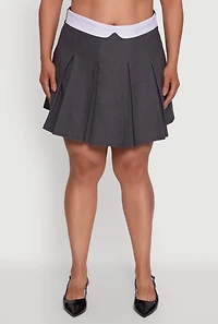 Womens Plus Size Mini Pleated Skirt with Contrast Waistband, Grey, Size 2X