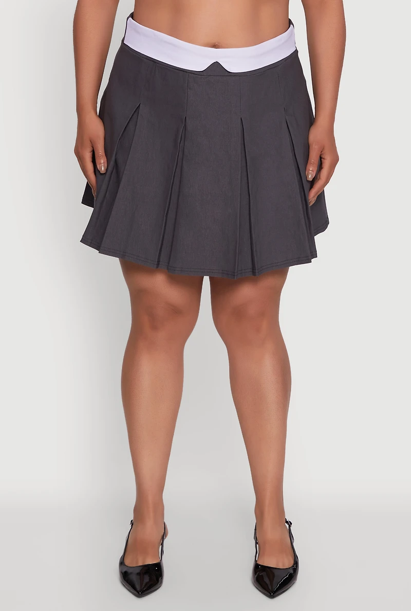 Womens Plus Mini Pleated Skirt with Contrast Waistband,