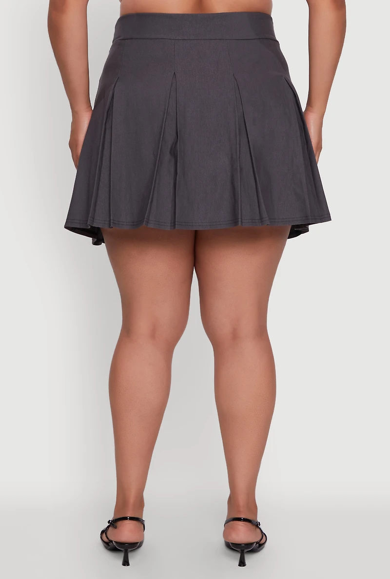Womens Plus Mini Pleated Skirt with Contrast Waistband,