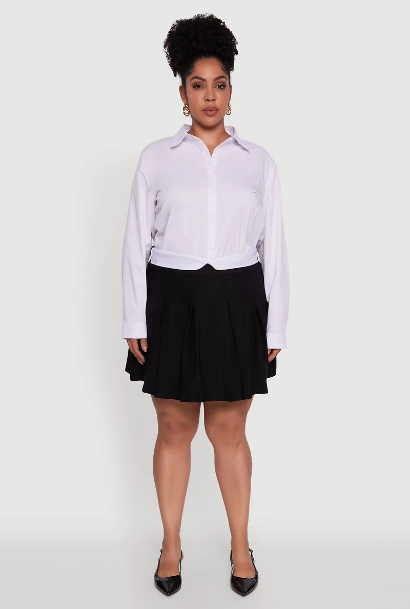 Womens Plus Size Mini Pleated Skirt with Contrast Waistband, Black, Size 2X