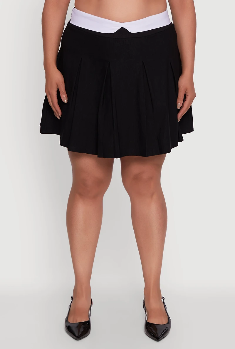 Womens Plus Size Mini Pleated Skirt with Contrast Waistband, Black, Size 1X