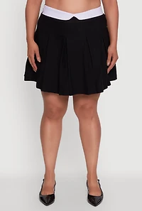 Womens Plus Size Mini Pleated Skirt with Contrast Waistband, Black, Size 1X