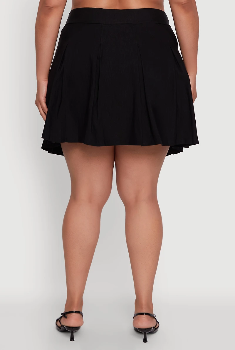 Womens Plus Size Mini Pleated Skirt with Contrast Waistband, Black, Size 1X