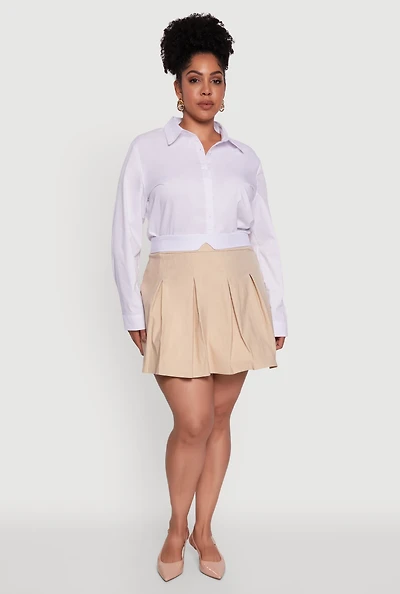Womens Plus Mini Pleated Skirt with Contrast Waistband, Khaki,
