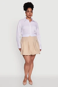 Womens Plus Mini Pleated Skirt with Contrast Waistband, Khaki,