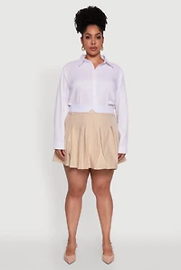 Womens Plus Mini Pleated Skirt with Contrast Waistband, Khaki,