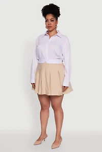 Womens Plus Mini Pleated Skirt with Contrast Waistband, Khaki,