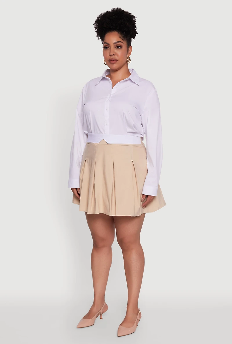 Womens Plus Size Mini Pleated Skirt with Contrast Waistband, Khaki, Size 3X