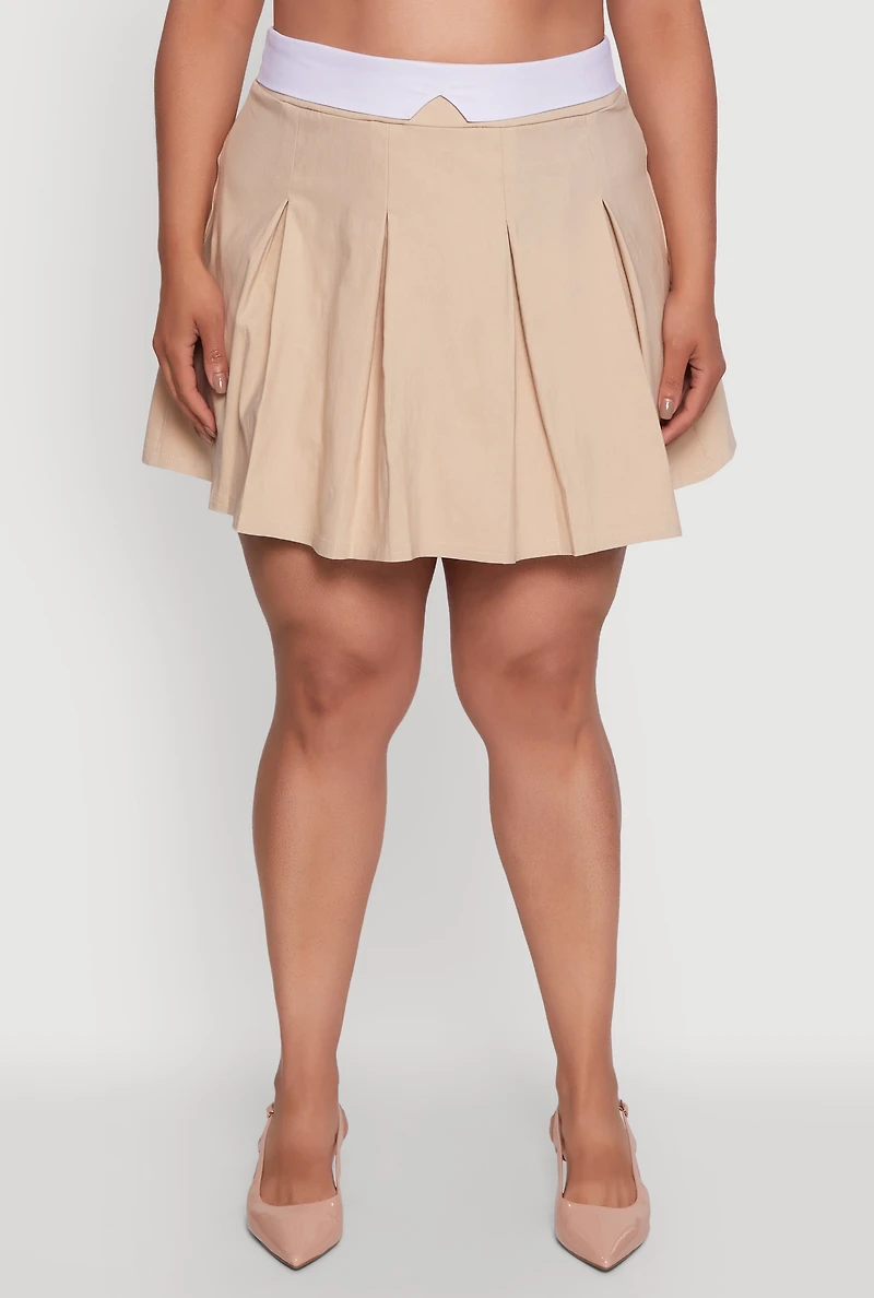 Womens Plus Size Mini Pleated Skirt with Contrast Waistband, Khaki, Size 2X