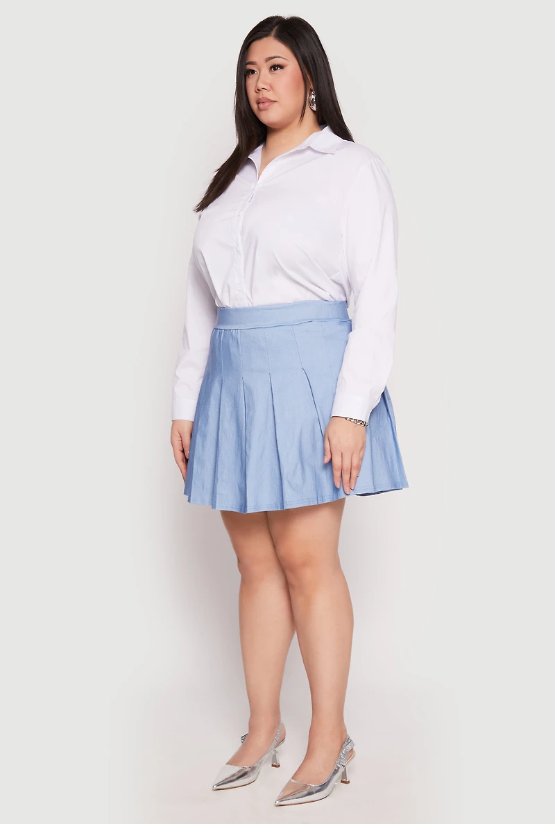 Womens Plus Size Denim High Waisted Pleated Skirt, Blue, Size 3X