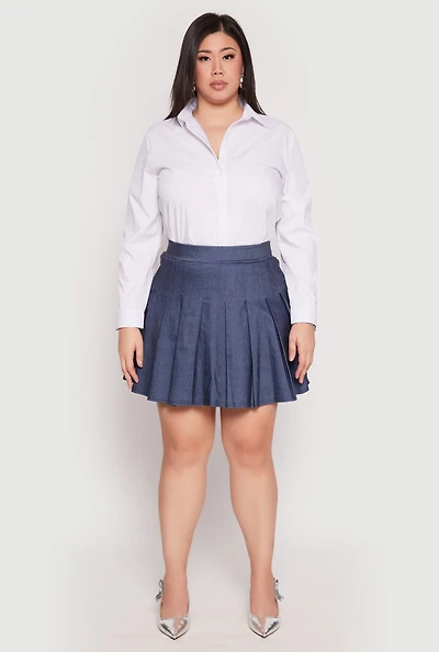 Womens Plus Denim High Waisted Pleated Skirt, Blue,