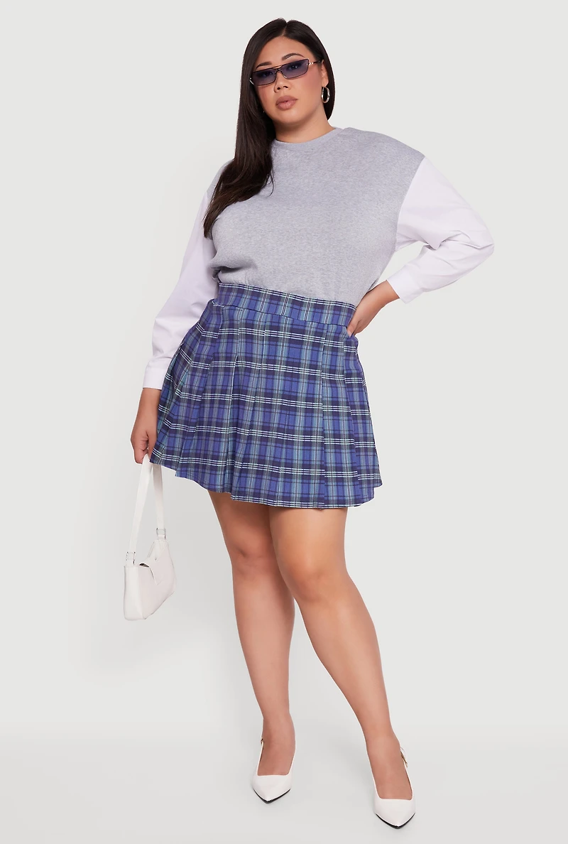 Plus High Waisted Plaid Pleated Mini Skirt